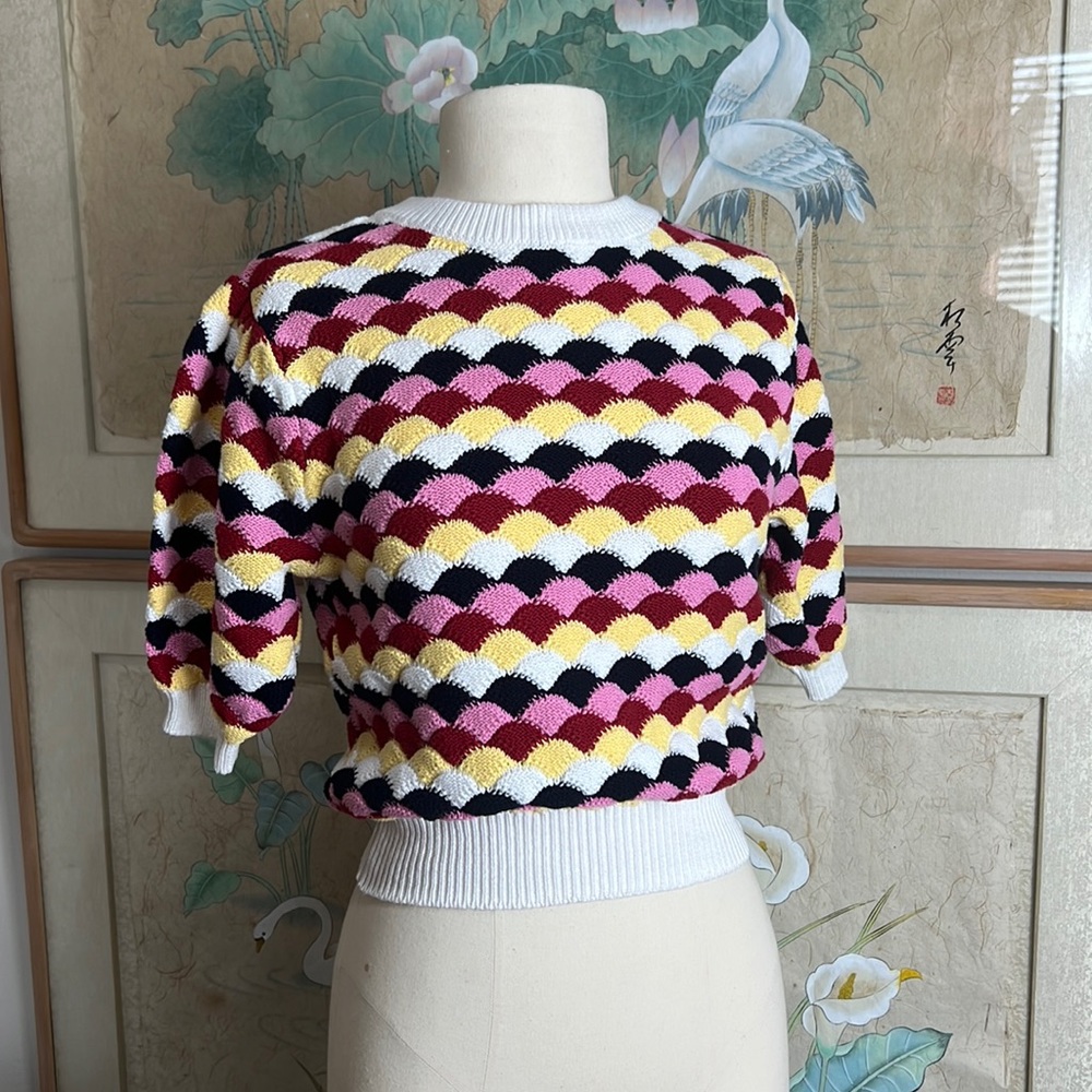 Zara 70s Retro Style Puff Sleeve Crochet Sweater NWT